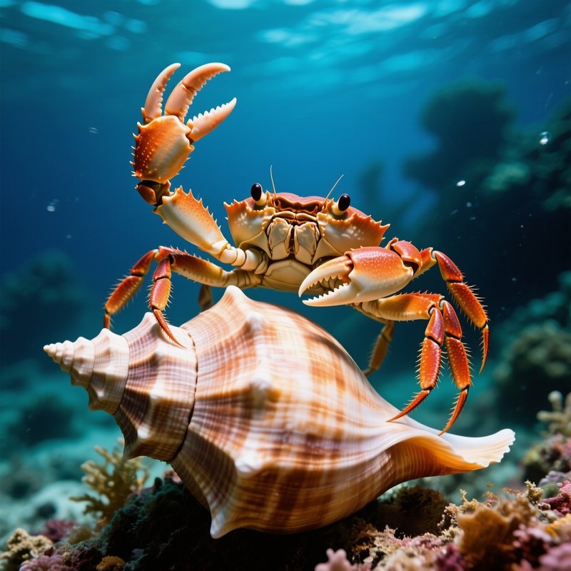 Underwater Crab Waving Conch Shell