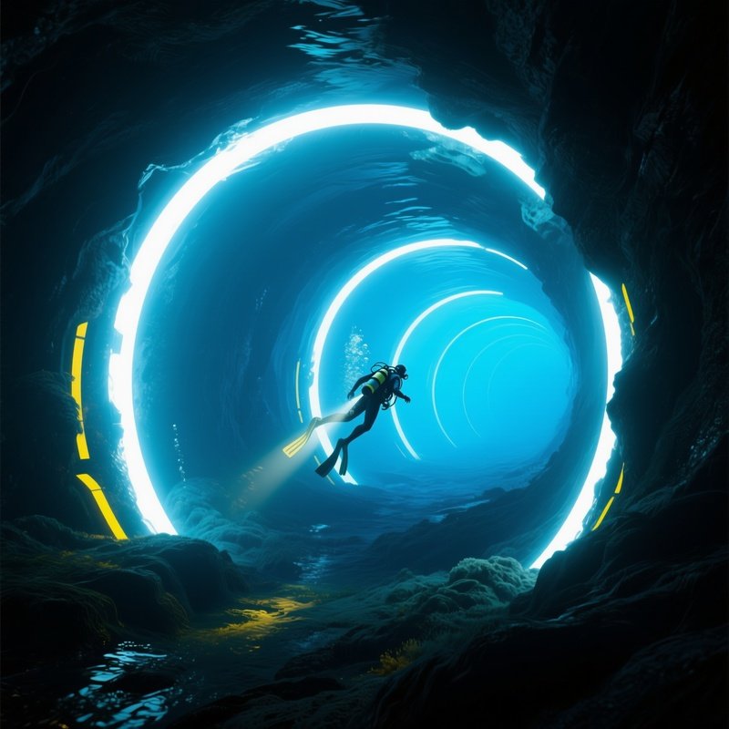 Underwater Diver Floating Through Tunnel Of Light Science Fiction