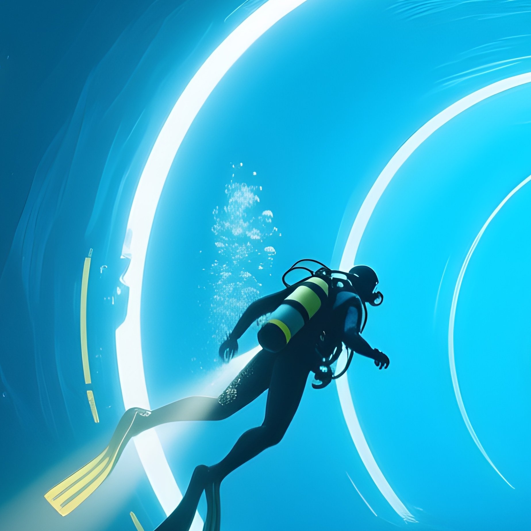 Underwater Diver Floating Through Tunnel Of Light Science Fiction - Full Resolution Quality Preview