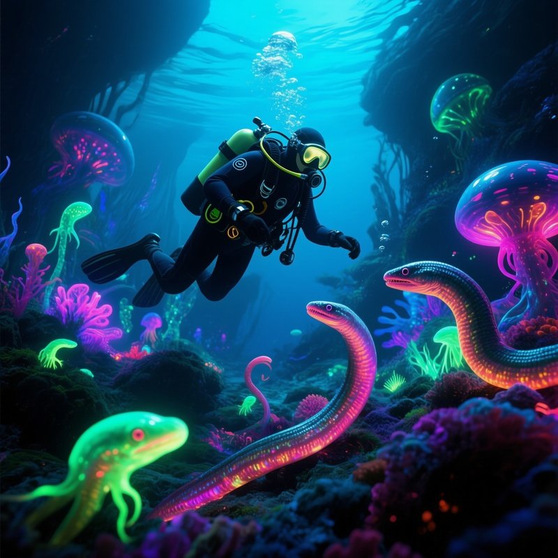 Underwater Diver Glowing Eels Science Fiction
