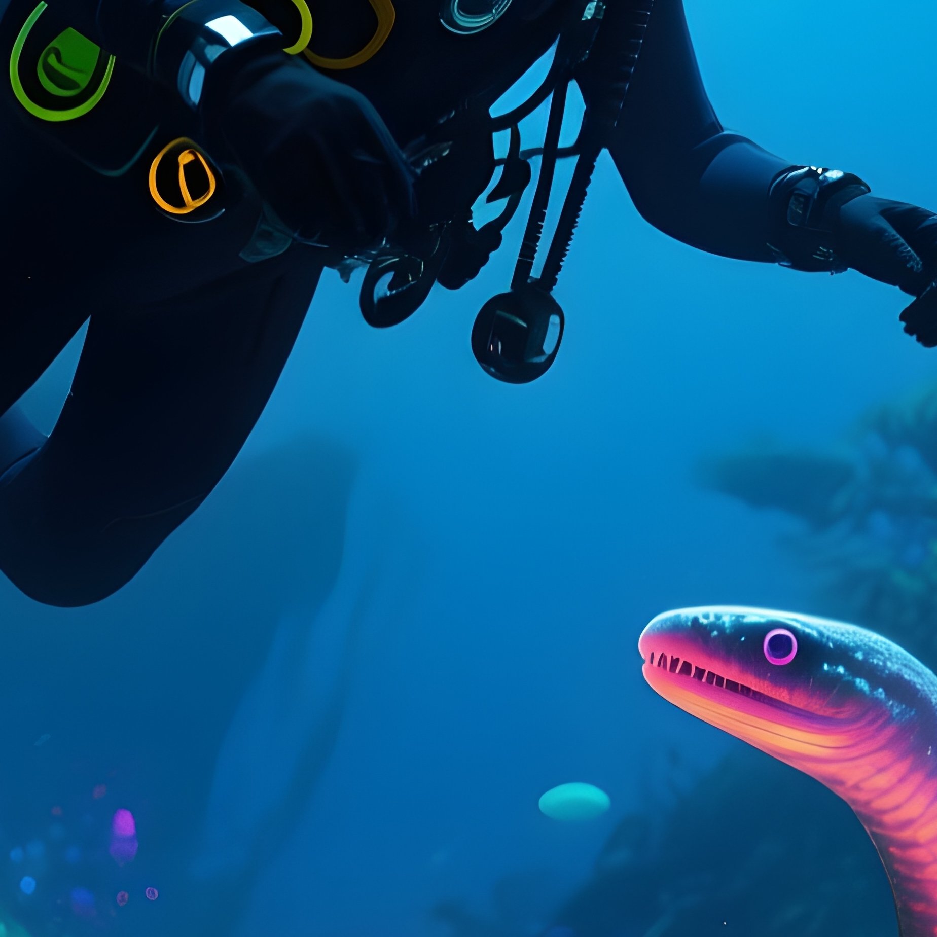Underwater Diver Glowing Eels Science Fiction - Full Resolution Quality Preview