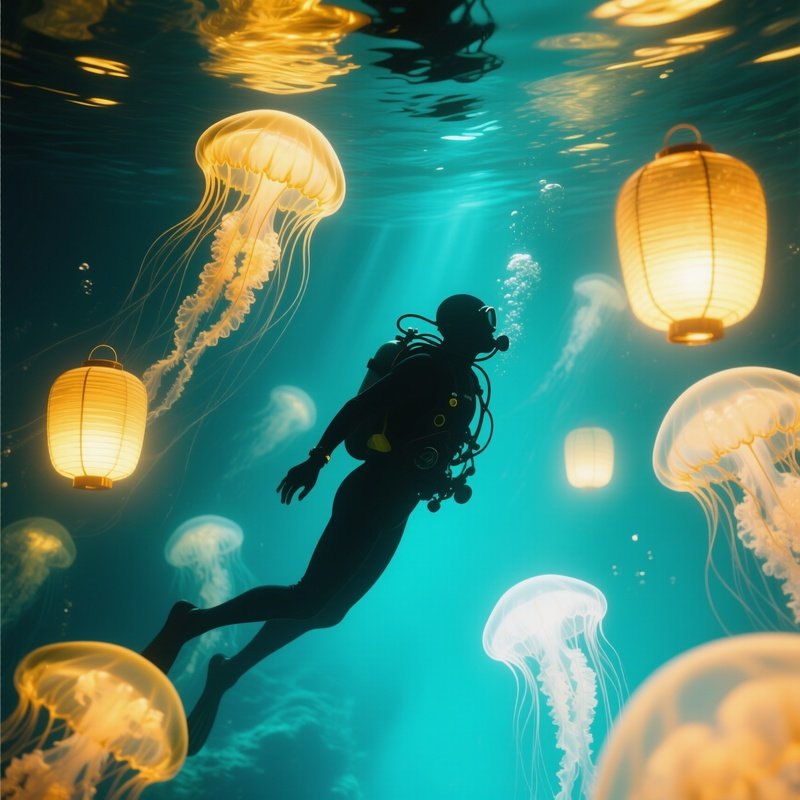 Underwater Diver Golden Jellyfish Lanterns 1