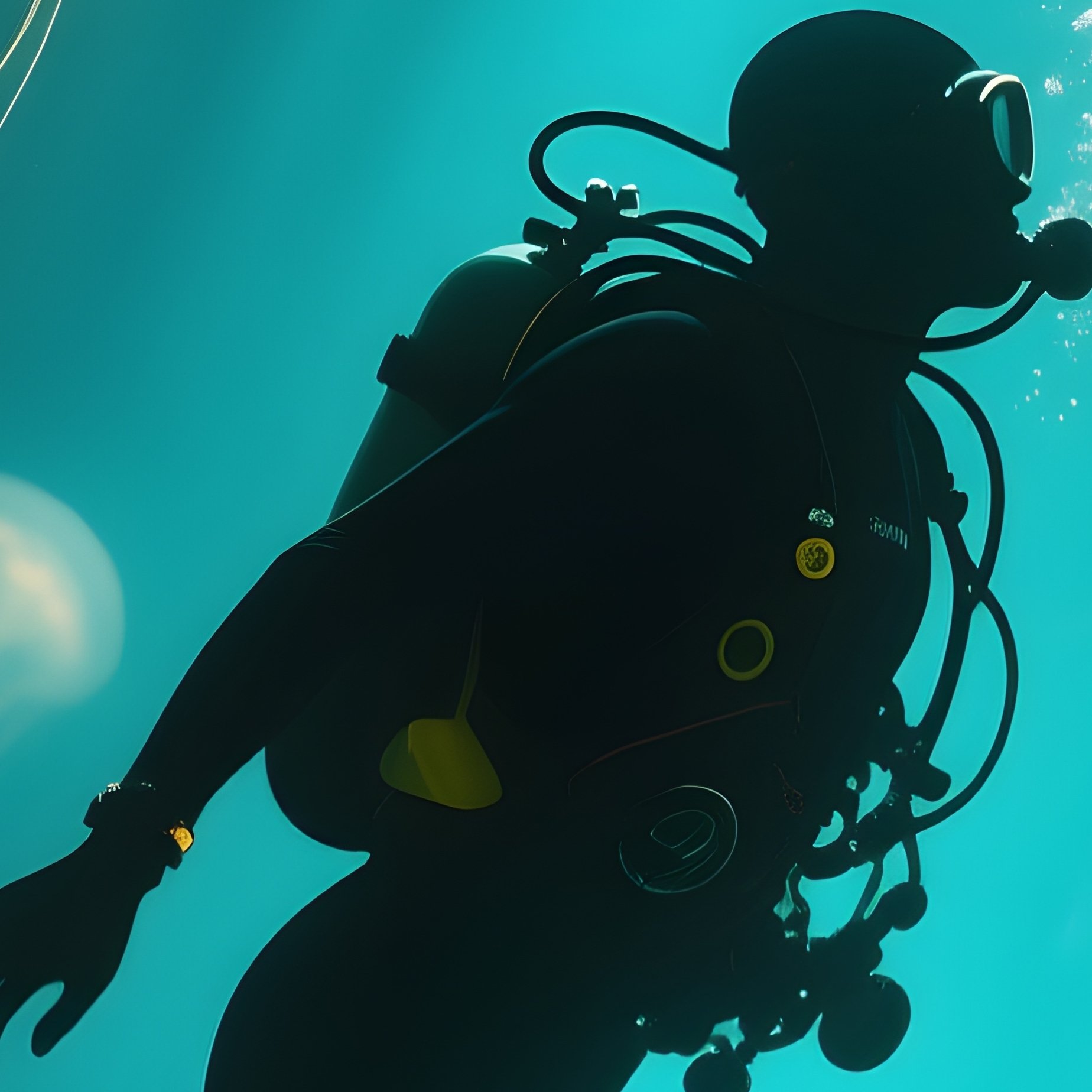 Underwater Diver Golden Jellyfish Lanterns 1 - Full Resolution Quality Preview