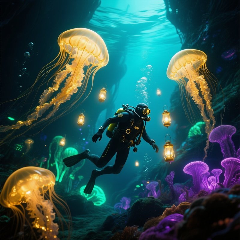 Underwater Diver Golden Jellyfish Lanterns 2