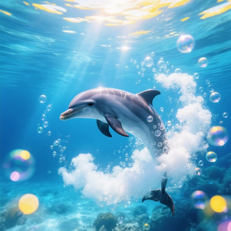 Underwater Dolphin Spinning Through Bubbles And Light