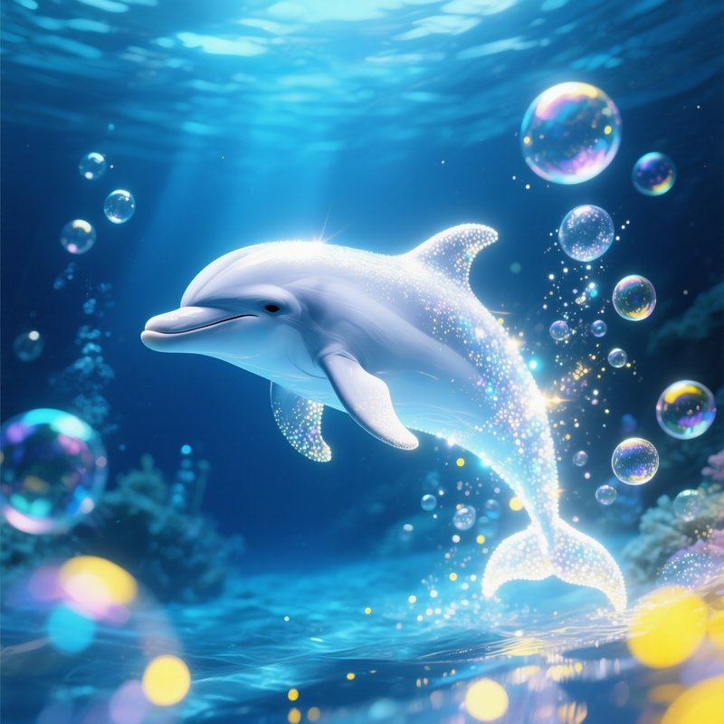 Underwater Dolphin Spinning Through Bubbles And Light Fantasy