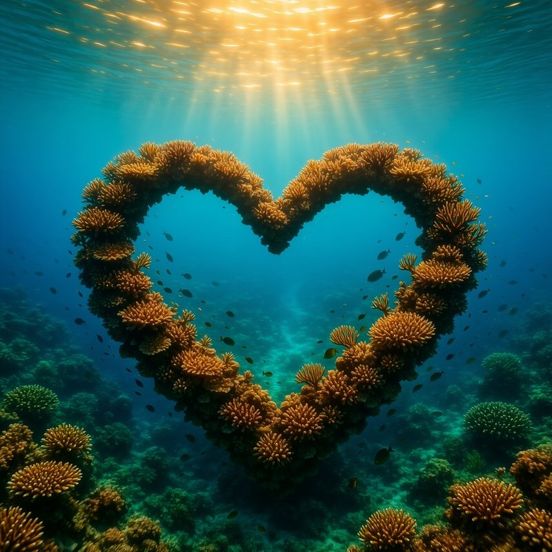 Underwater Heart Shaped Coral Reef In Golden Sunlight