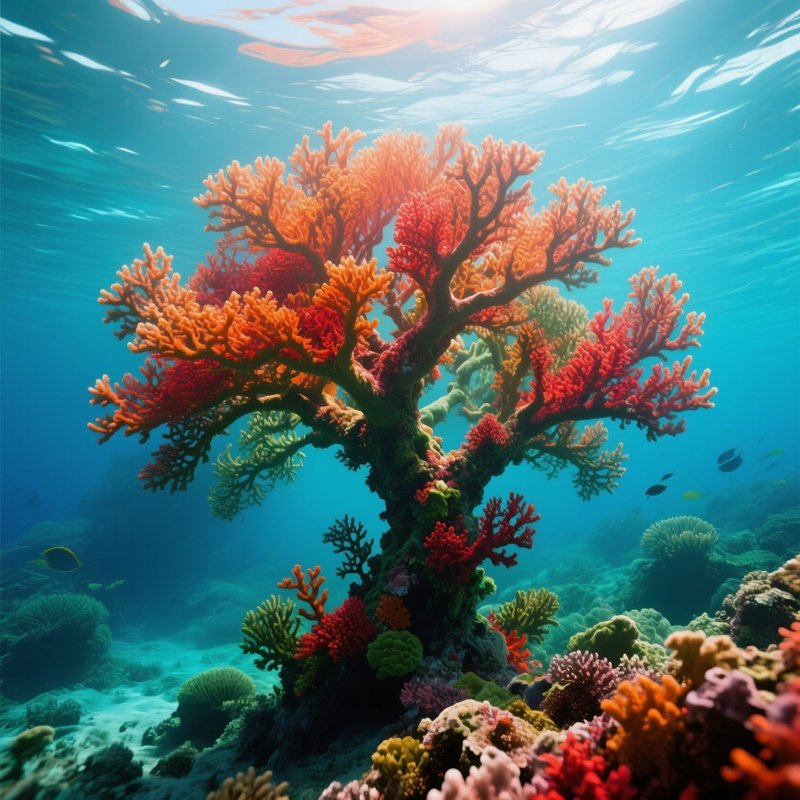 Underwater Image Coral Tree Reaching Toward Surface