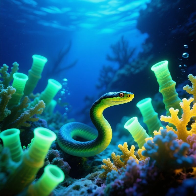 Underwater Image Sea Snake Weaving Through Glowing Coral Tubes