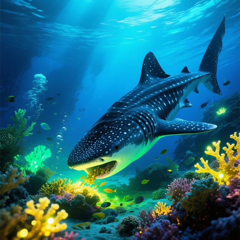 Underwater Image Whale Shark Feeding Glowing Reef Altered