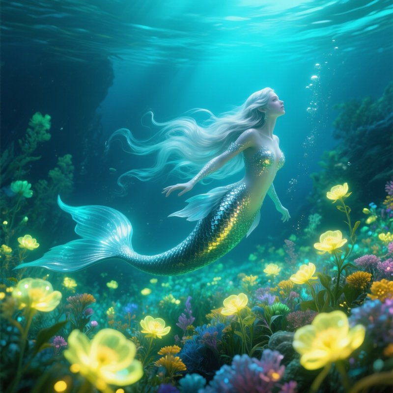 Underwater Mermaid Exploring Sea Flowers