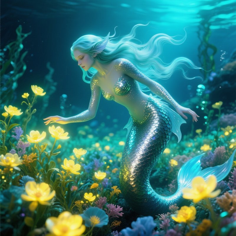 Underwater Mermaid Exploring Sea Flowers Digital