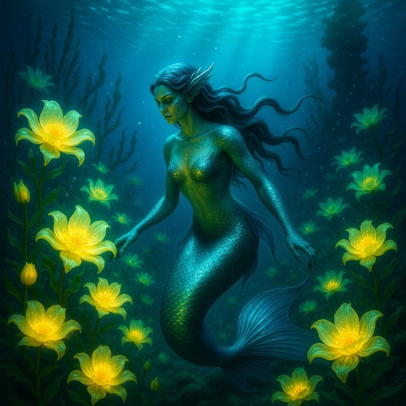 Underwater Mermaid Exploring Sea Flowers Imagery