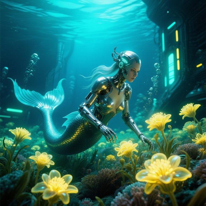 Underwater Mermaid Exploring Sea Flowers Science Fiction