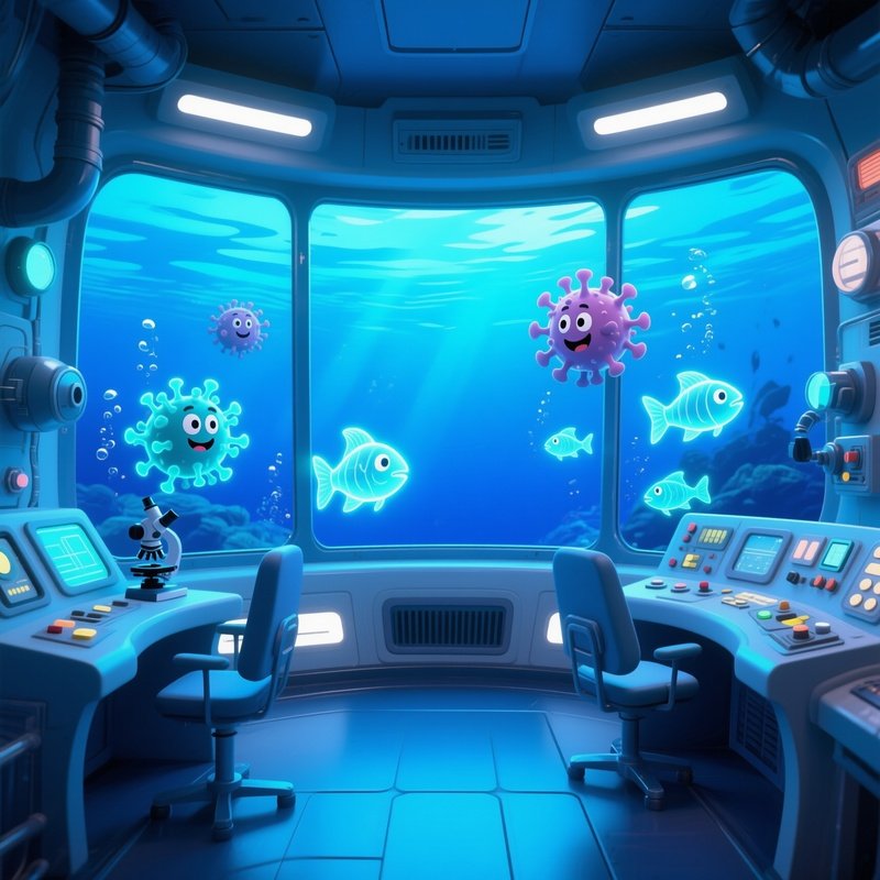 Underwater Research Vessel Observation Deck With Cartoon Viruses And Bioluminescent Fish