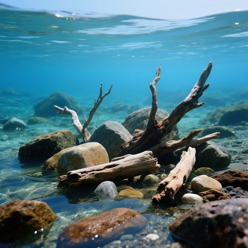 Underwater Scene With Natural Rocks And Driftwood