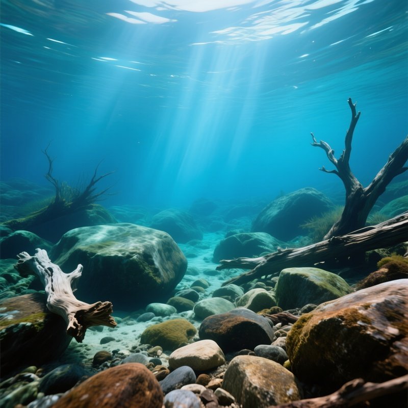 Underwater Scene With Natural Rocks And Driftwood