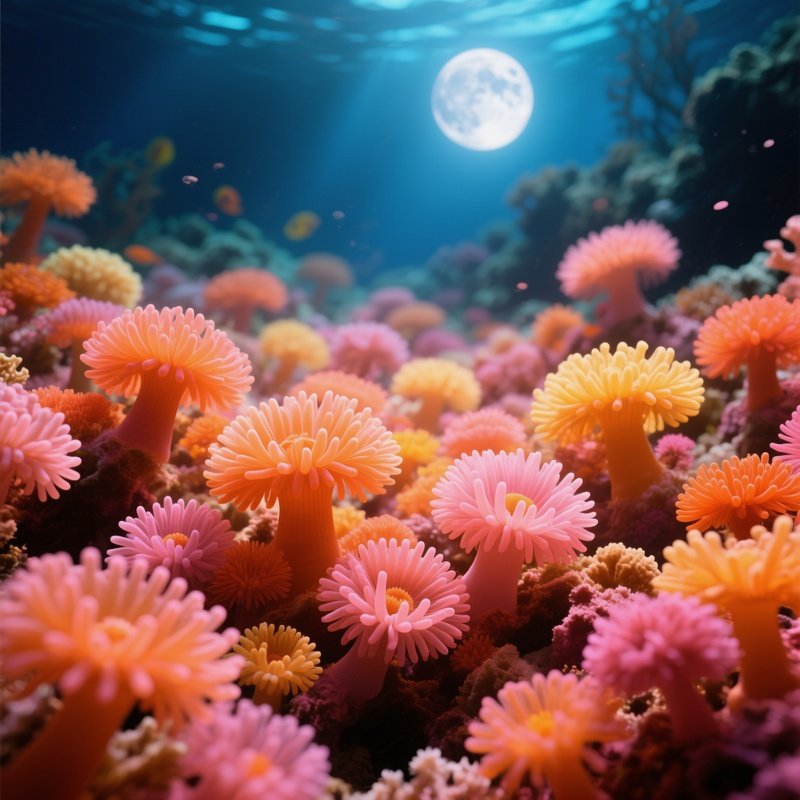 Underwater Sea Anemone Field Glowing Under Moonlight