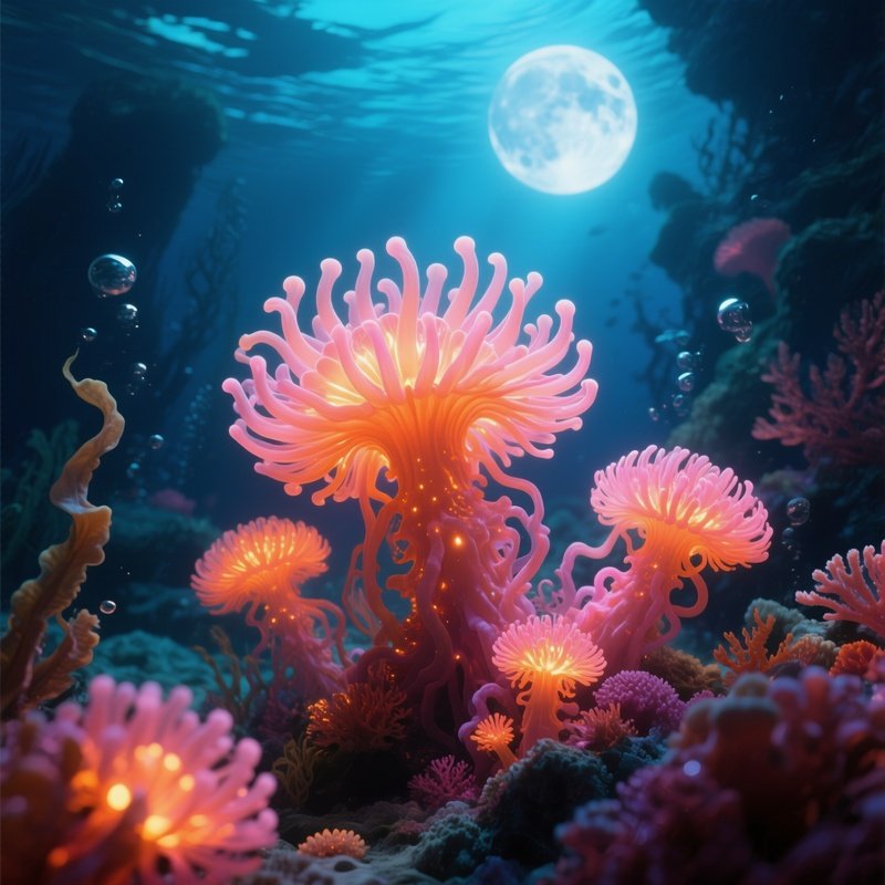Underwater Sea Anemone Field Glowing Under Moonlight Concept Art