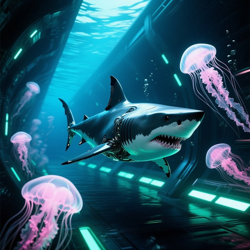 Underwater Shark Glowing Jellyfish Tunnel Science Fiction