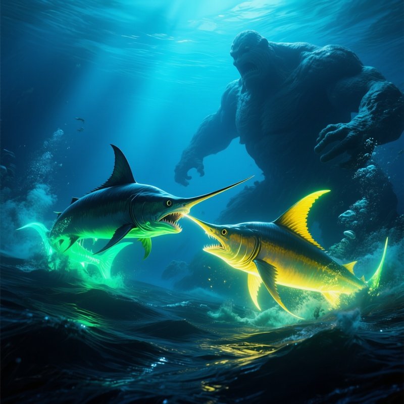 Underwater Swordfish Duel Glowing Giants