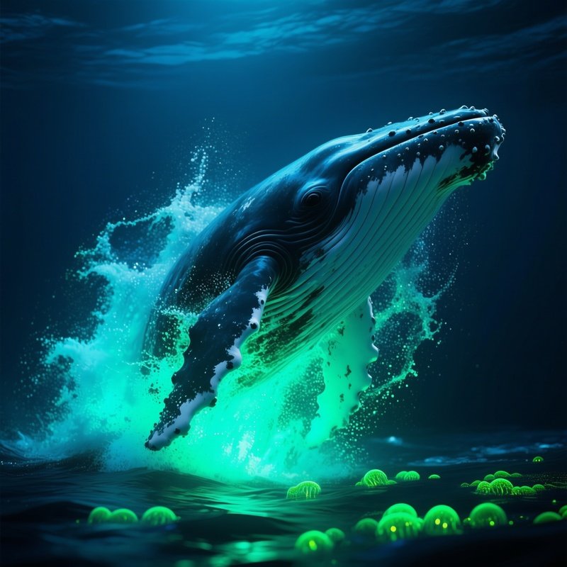 Underwater Whale Breaching Glowing Plankton