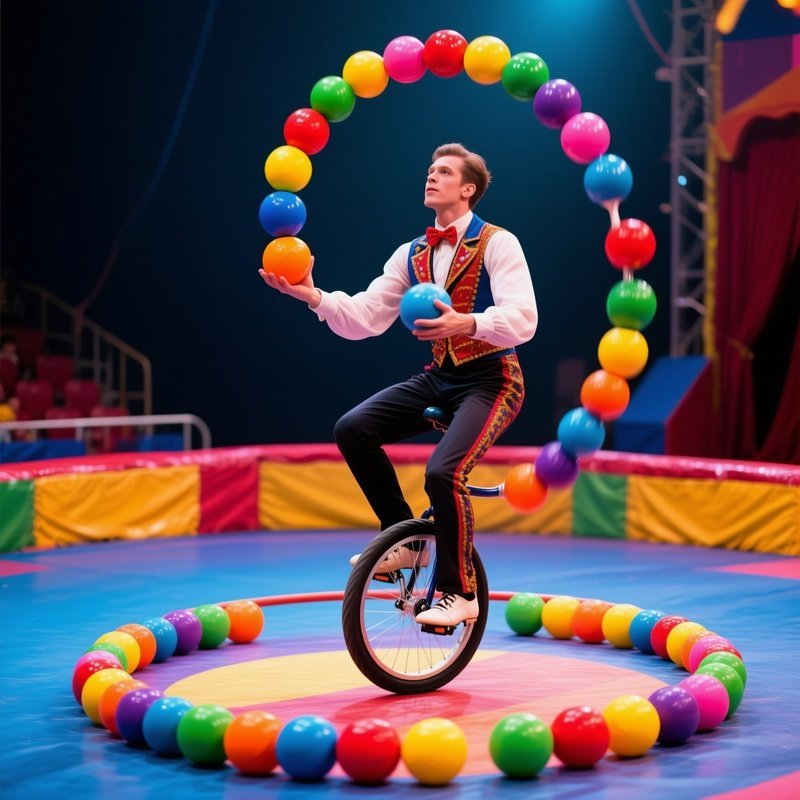 Unicyclist Juggling Colorful Balls Ring
