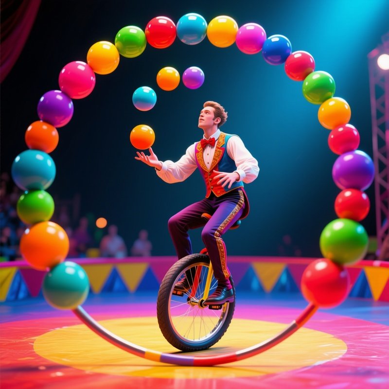 Unicyclist Juggling Colorful Balls Ring Digital Art