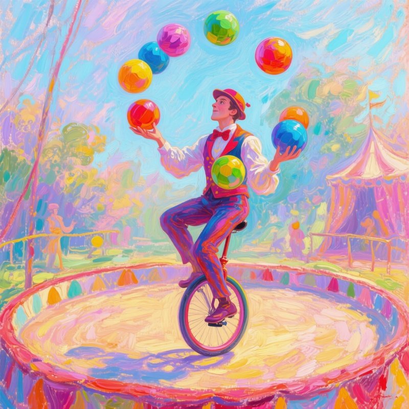 Unicyclist Juggling Colorful Balls Ring Painting