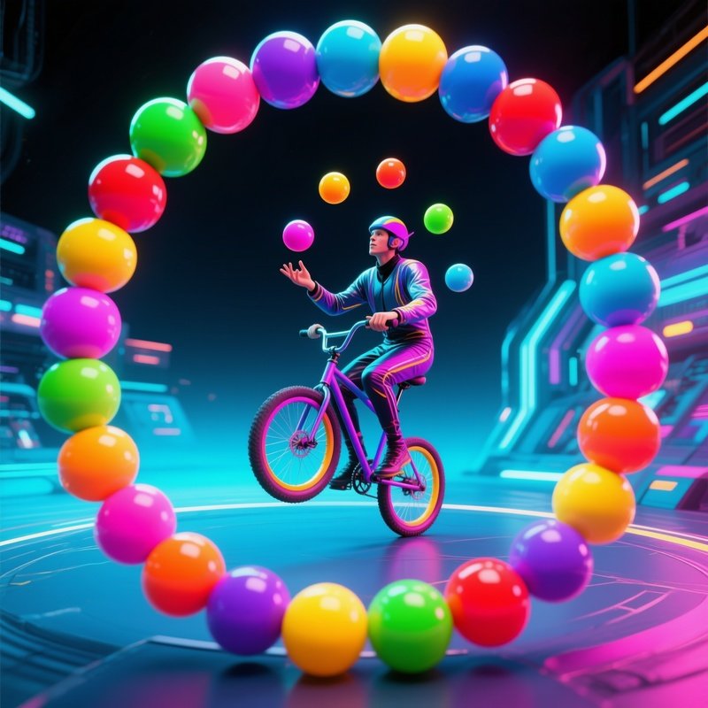 Unicyclist Juggling Colorful Balls Ring Science Fiction