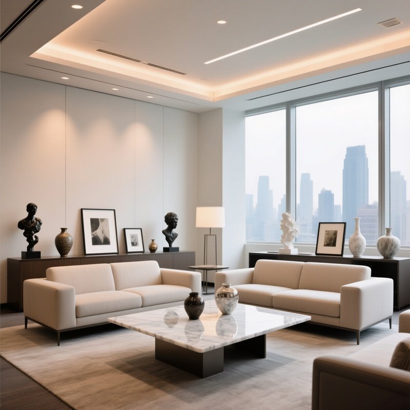 Upscale Office Lounge With Low Sofa Marble Table Art Objects