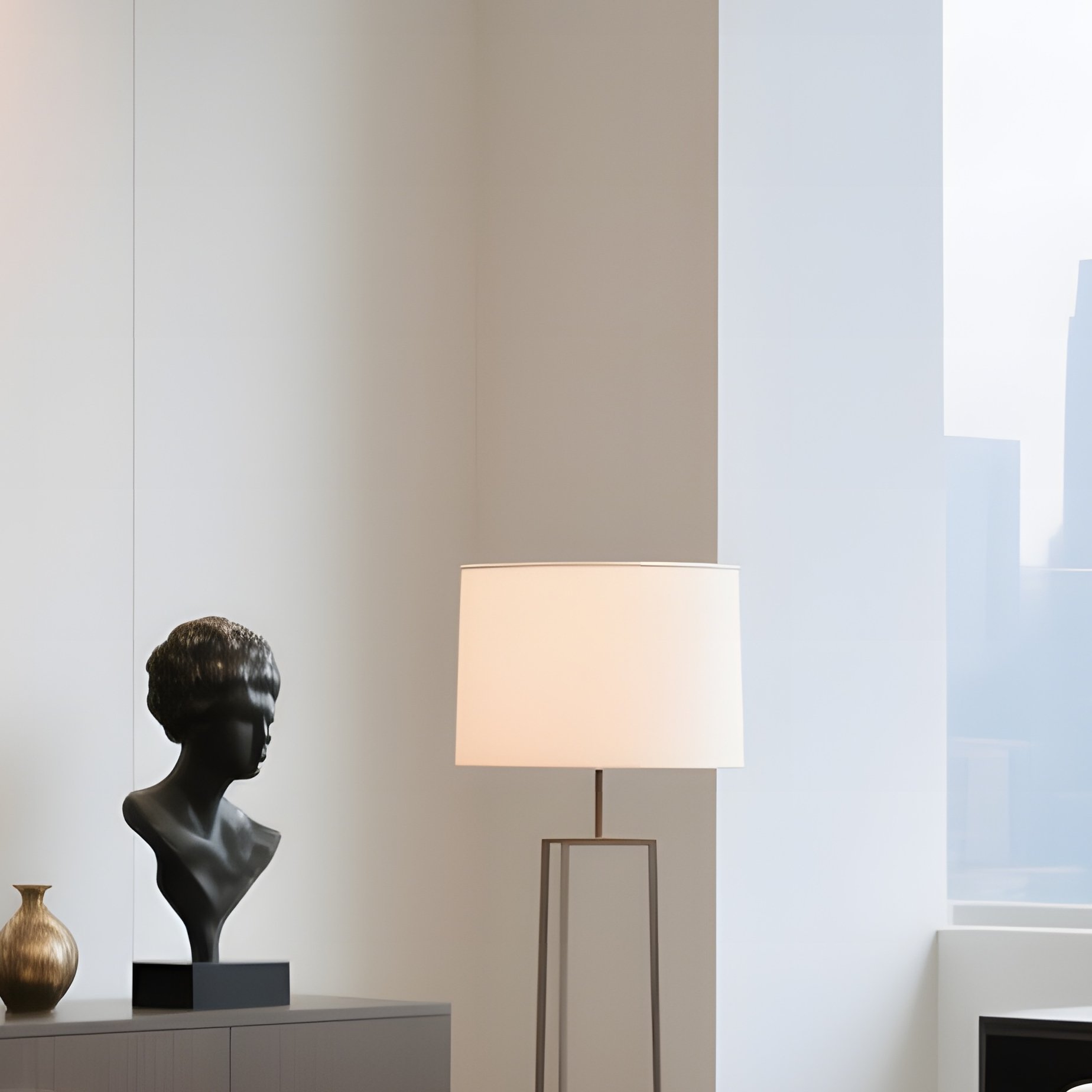 Upscale Office Lounge With Low Sofa Marble Table Art Objects - Full Resolution Quality Preview