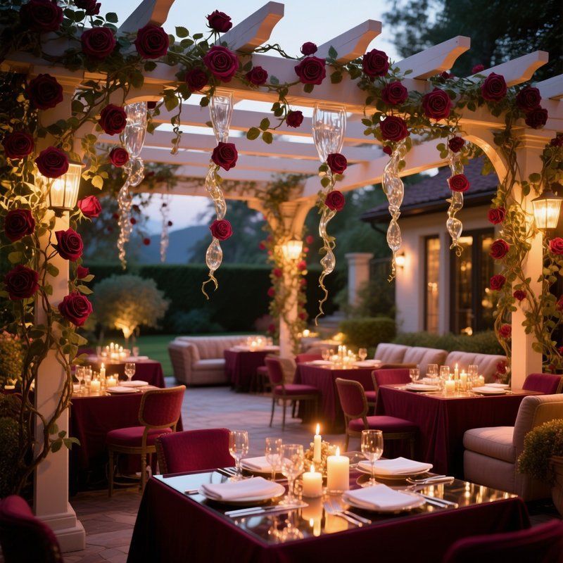 Upscale Restaurant Patio Glass Vines Burgundy Roses