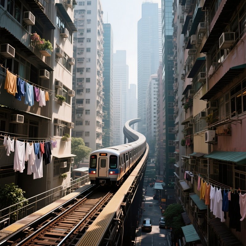 Urban Canyon: An Elevated Commuter Train Snaking Between Dense, Tall Residential Skyscrapers In A City Like Hong Kong Or Chicago. Laundry Hangs From Balconies Near The Tracks.