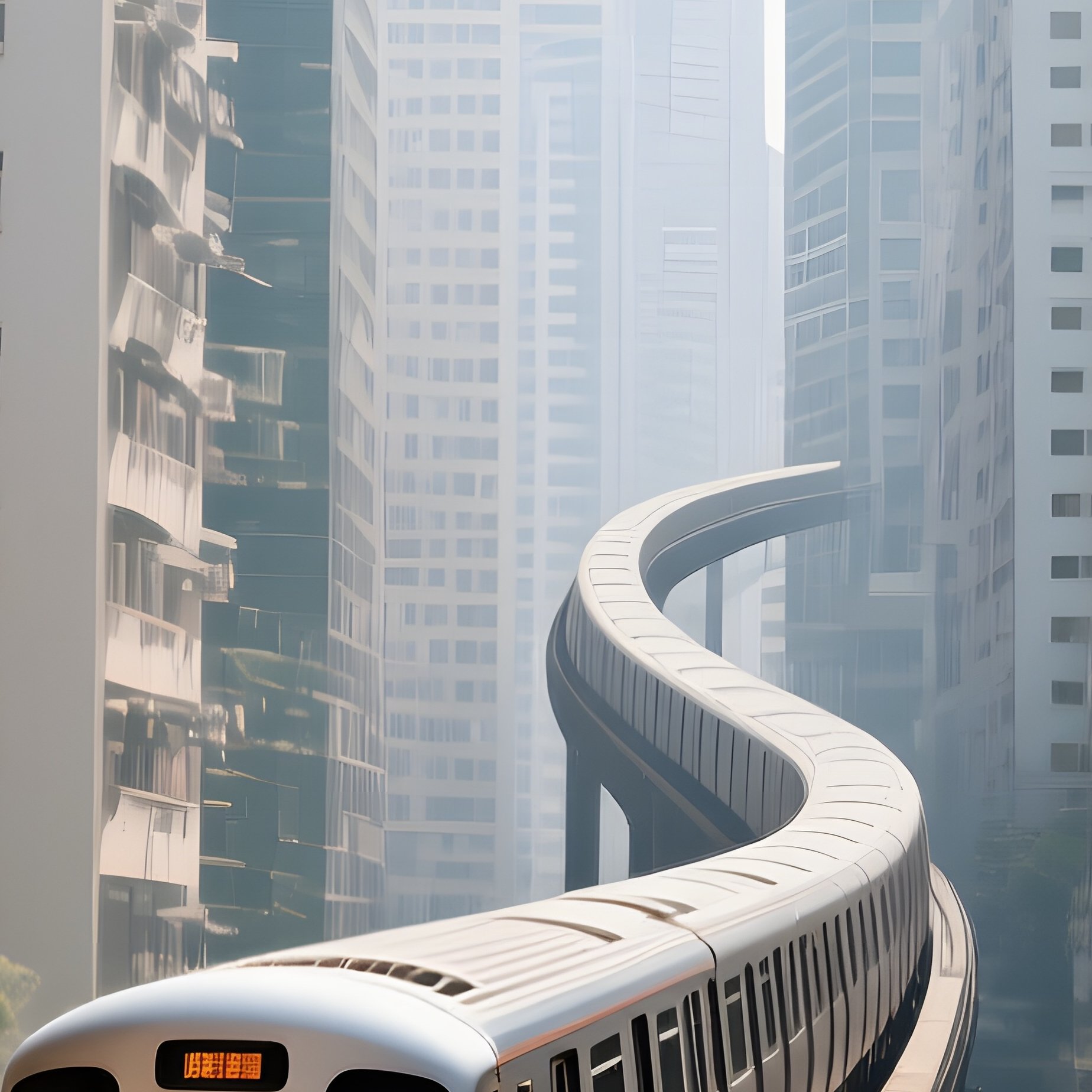 Urban Canyon: An Elevated Commuter Train Snaking Between Dense, Tall Residential Skyscrapers In A City Like Hong Kong Or Chicago. Laundry Hangs From Balconies Near The Tracks. - Full Resolution Quality Preview