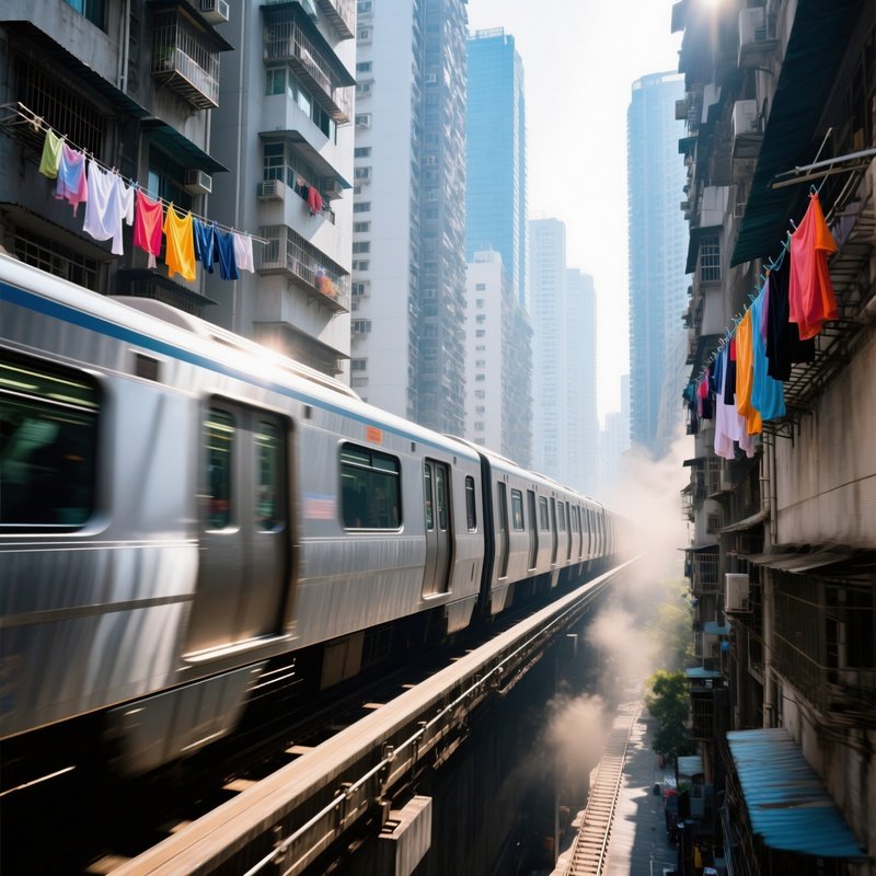 Urban Canyon Elevated Train Between Skyscrapers