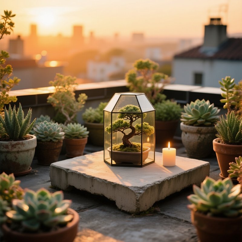 Urban Rooftop Garden Altar Golden Hour