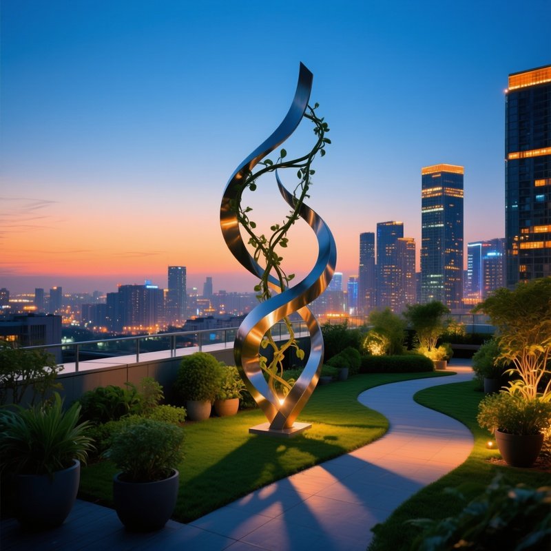 Urban Rooftop Garden At Dusk With Metal Vine Sculpture