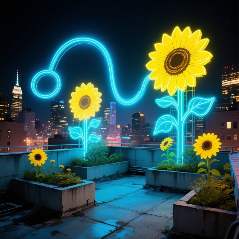 Urban Rooftop Garden Night Neon Sunflowers