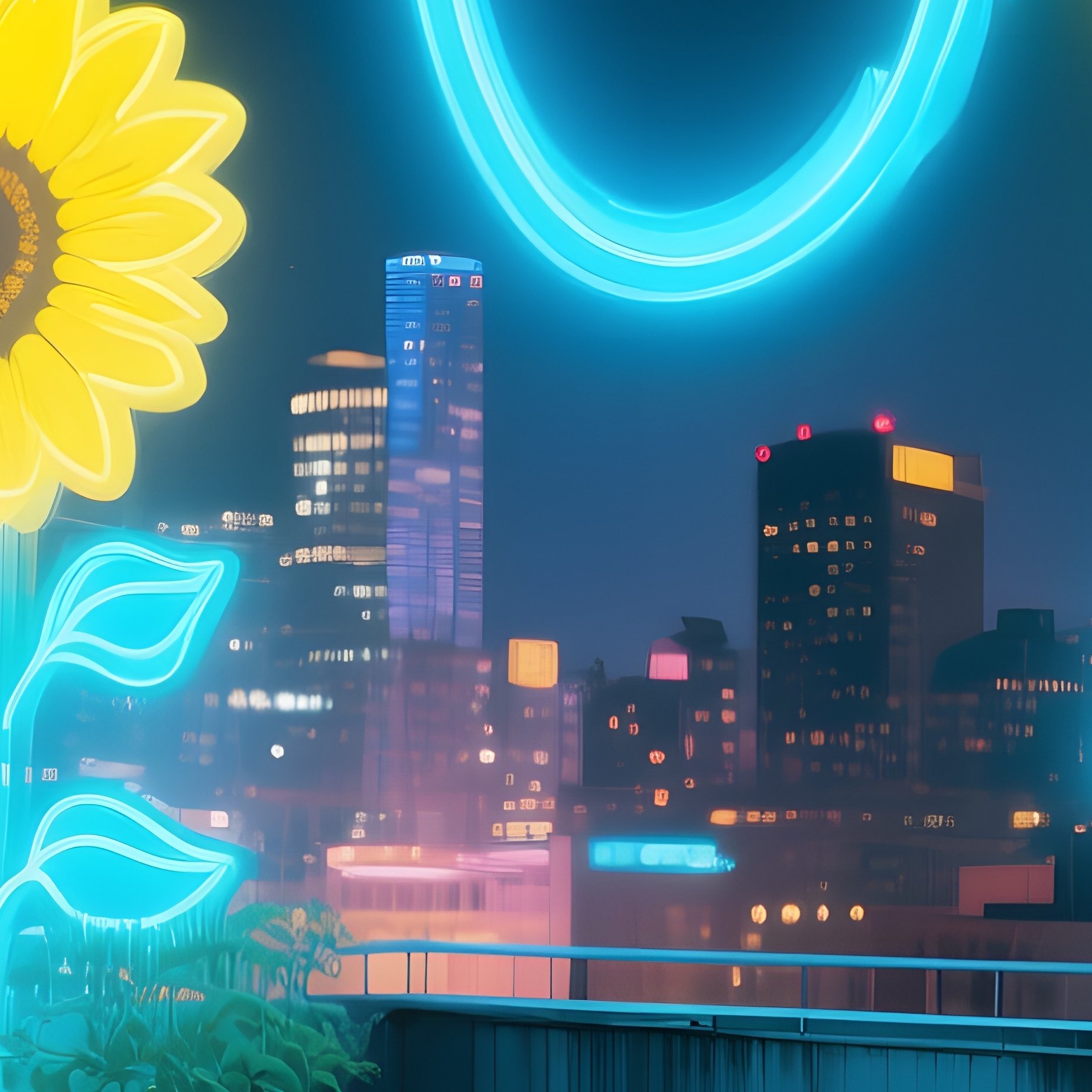 Urban Rooftop Garden Night Neon Sunflowers - Full Resolution Quality Preview