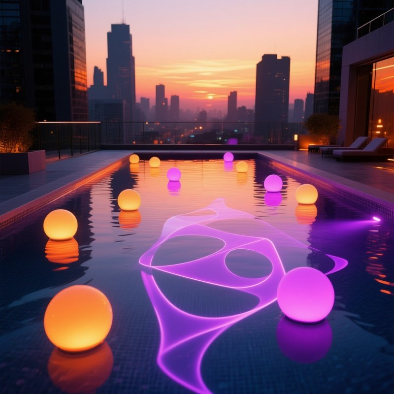 Urban Rooftop Pool Sunset Led Orbs