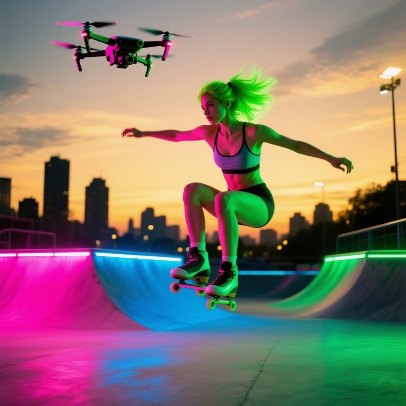 Urban Skate Park Dusk Neon Green Hair Skater Drone