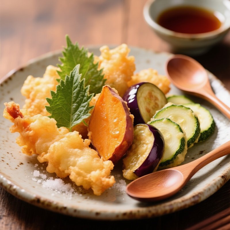 Vegetable Tempura Featuring Battered Fried Sweet Potato Eggplant Zucchini And Shiso Leaf