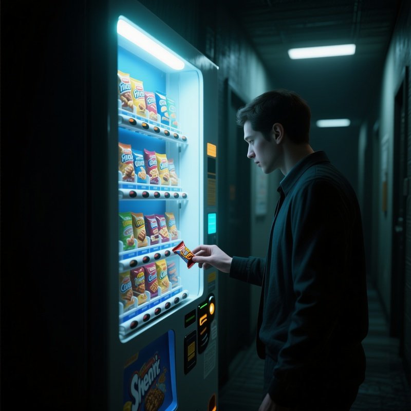 Vending Machine: The Glowing Light Of A Snack Vending Machine In A Dark Hallway, With A Person Trying To Retrieve A Stuck Candy Bar.
