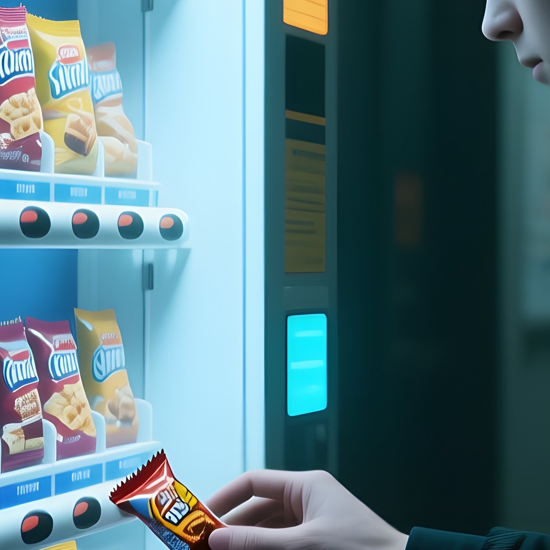 Vending Machine: The Glowing Light Of A Snack Vending Machine In A Dark Hallway, With A Person Trying To Retrieve A Stuck Candy Bar. - Full Resolution Quality Preview