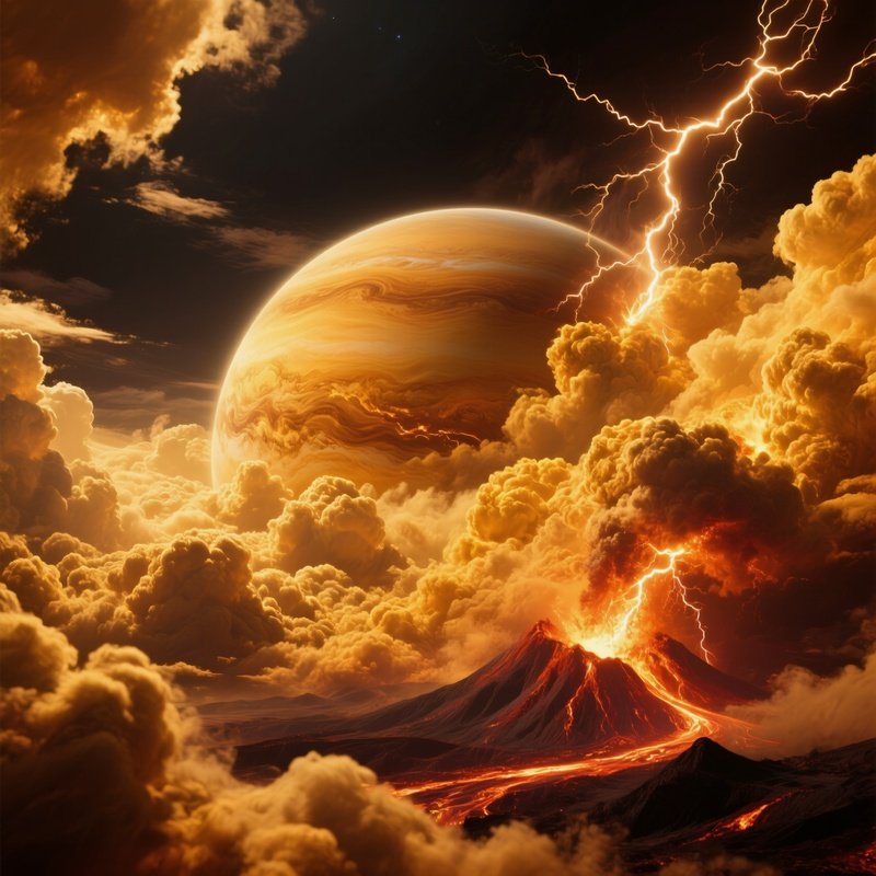 Venus With Golden Clouds And Volcanic Lightning