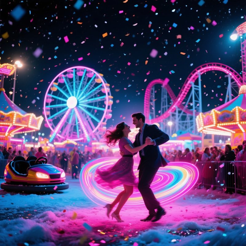 Vibrant Carnival Parade At Night Confetti Raining Down As A Couple Dances Under Swirling Lights