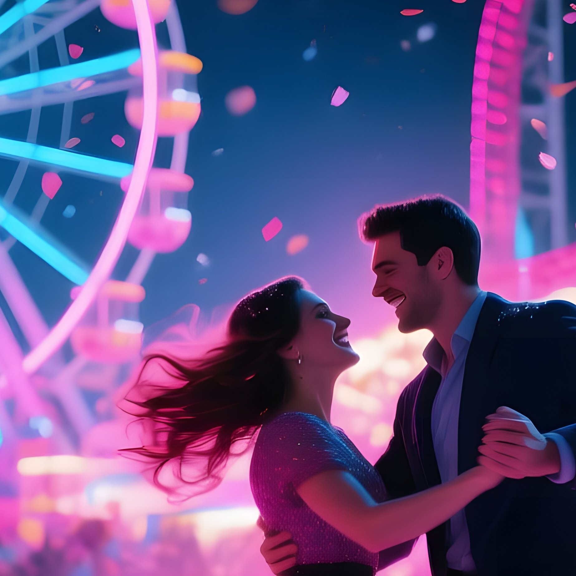 Vibrant Carnival Parade At Night Confetti Raining Down As A Couple Dances Under Swirling Lights - Full Resolution Quality Preview