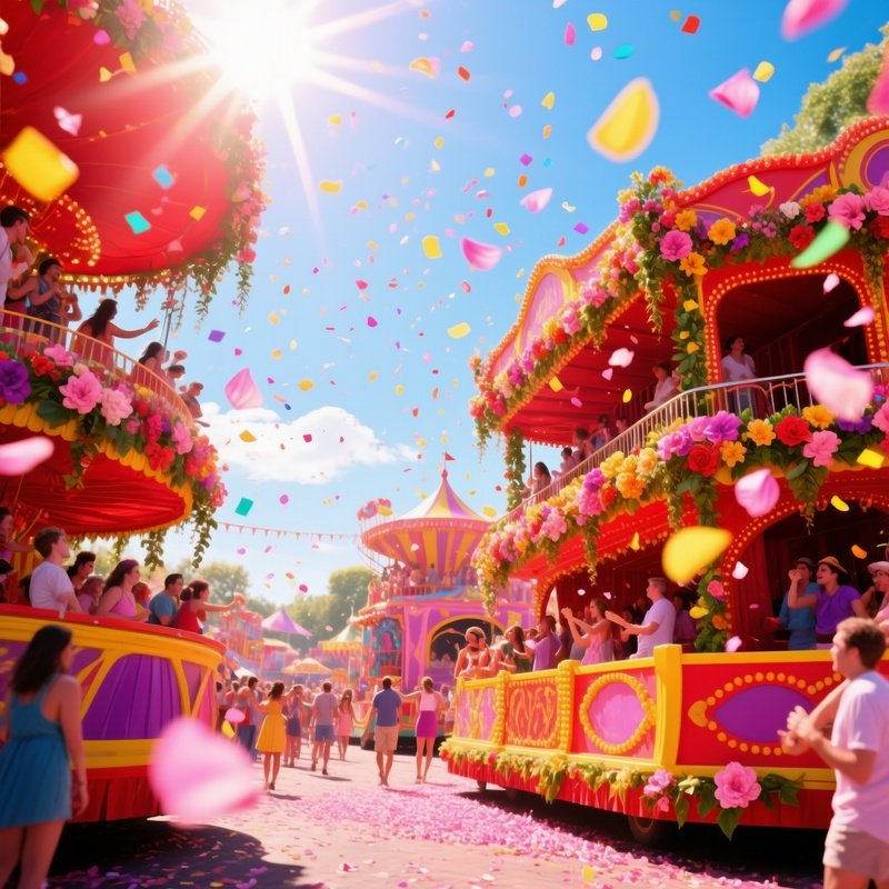 Vibrant Carnival Scene With Flower Decorated Floats Confetti Swirling Bright Midday Sun