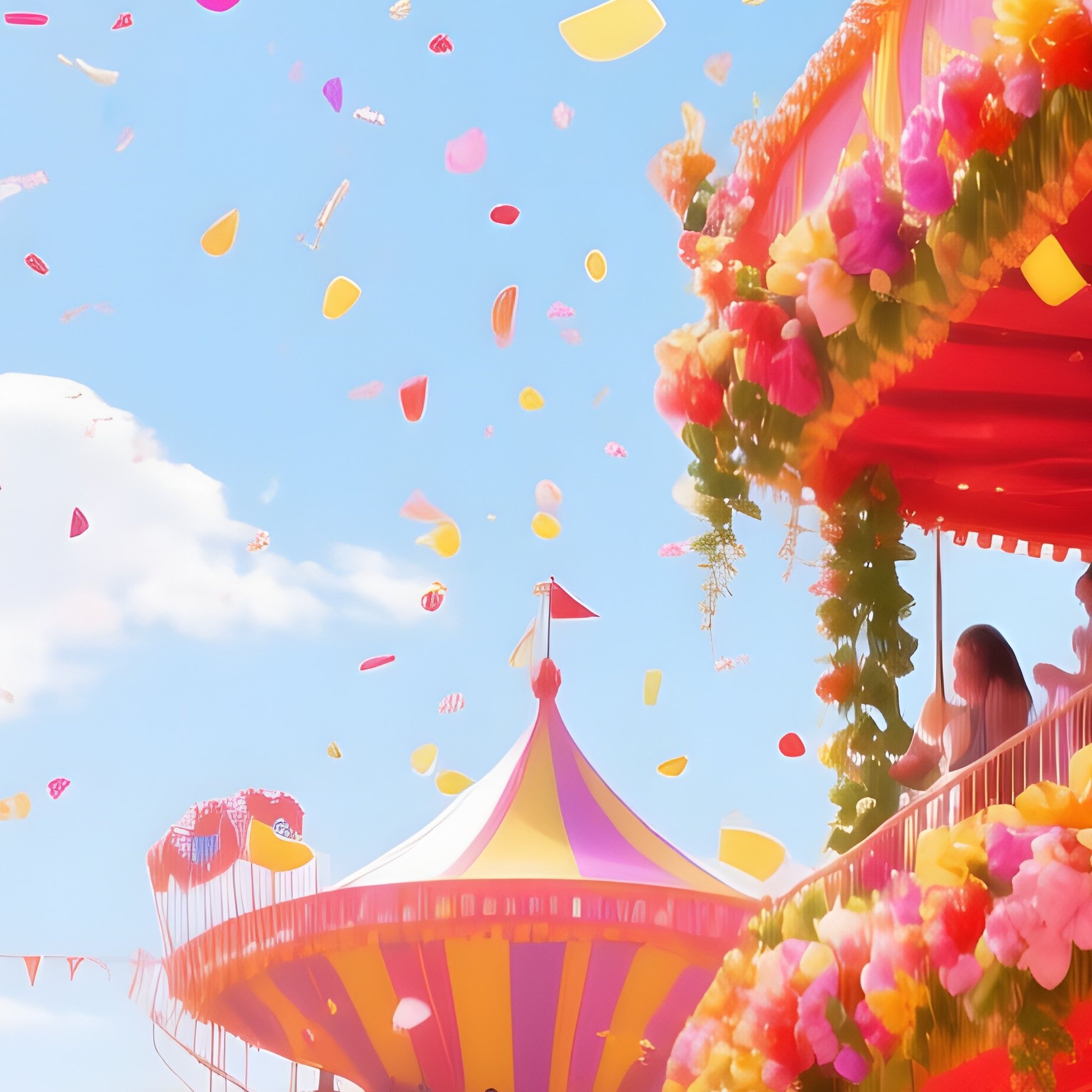 Vibrant Carnival Scene With Flower Decorated Floats Confetti Swirling Bright Midday Sun - Full Resolution Quality Preview